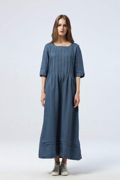 blue pleated dress, long linen dress with pockets, loose&casual dress - women dress - elbow sleeve dress, custom dress for women  C1283