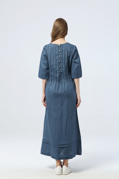 blue pleated dress, long linen dress with pockets, loose&casual dress - women dress - elbow sleeve dress, custom dress for women  C1283