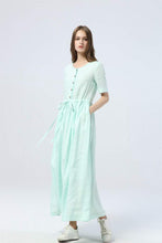 Load image into Gallery viewer, mint green dress, long linen dress for summer, drawstring skirt with buttons, women&#39;s dress with pockets - maxi dress &amp; gift for her C1284
