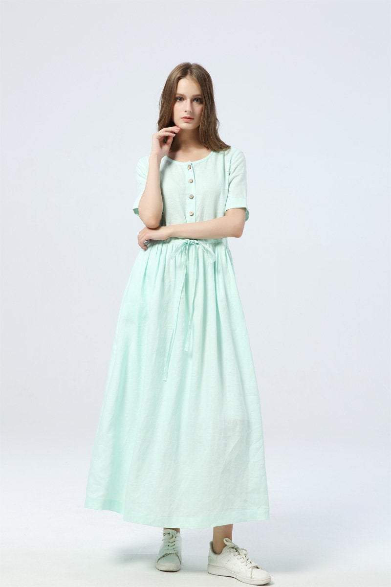 mint green dress, long linen dress for summer, drawstring skirt with buttons, women's dress with pockets - maxi dress & gift for her C1284