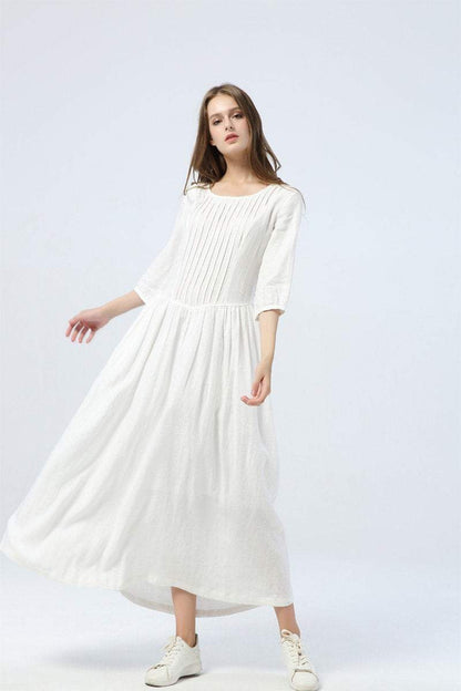 long white dress, summer linen dress for womens - loose & casual dress, elbow sleeve dress with pleats, fashion oversized long dress C1285