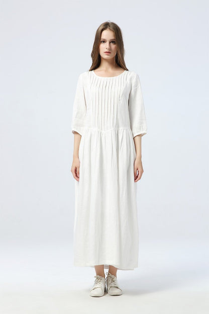 long white dress, summer linen dress for womens - loose & casual dress, elbow sleeve dress with pleats, fashion oversized long dress C1285