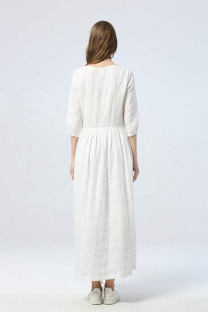 long white dress, summer linen dress for womens - loose & casual dress, elbow sleeve dress with pleats, fashion oversized long dress C1285