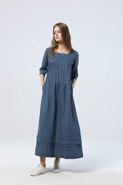 blue pleated dress, long linen dress with pockets, loose&casual dress - women dress - elbow sleeve dress, custom dress for women  C1283