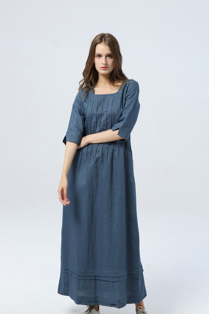 blue pleated dress, long linen dress with pockets, loose&casual dress - women dress - elbow sleeve dress, custom dress for women  C1283