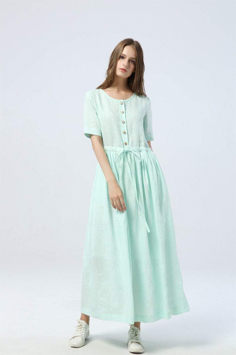 mint green dress, long linen dress for summer, drawstring skirt with buttons, women's dress with pockets - maxi dress & gift for her C1284