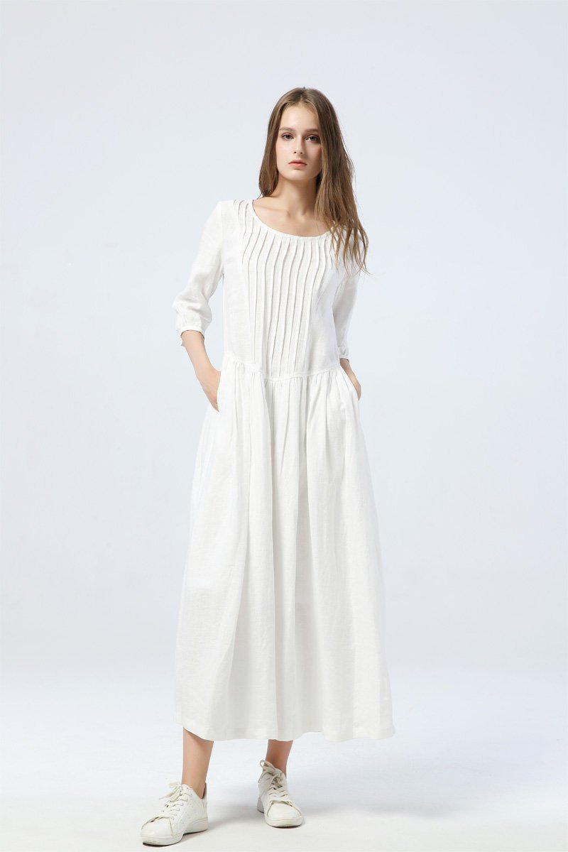 long white dress, summer linen dress for womens - loose & casual dress, elbow sleeve dress with pleats, fashion oversized long dress C1285