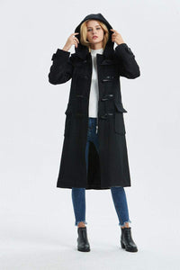 Black wool coat, duffle coat, Hooded coat, winter coat, womens coat, Toggle coat, casual coat, loose coat, warm coat, pockets coat C1316