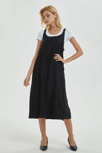 Load image into Gallery viewer, black pinafore dress, linen dress, loose and casual dress for womens- plus size &amp;  sleeveless dress with pockets, cuatom fashion dress C1287
