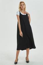 Load image into Gallery viewer, black pinafore dress, linen dress, loose and casual dress for womens- plus size &amp;  sleeveless dress with pockets, cuatom fashion dress C1287

