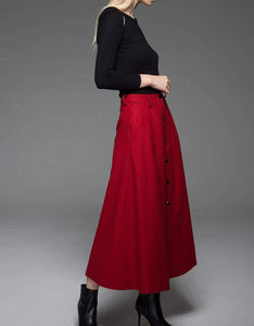 Red skirt, wool skirt, Long skirt, winter skirt, maxi skirt, button skirt, womens skirts, red wool skirt, maxi wool skirt, pocket skirt C761