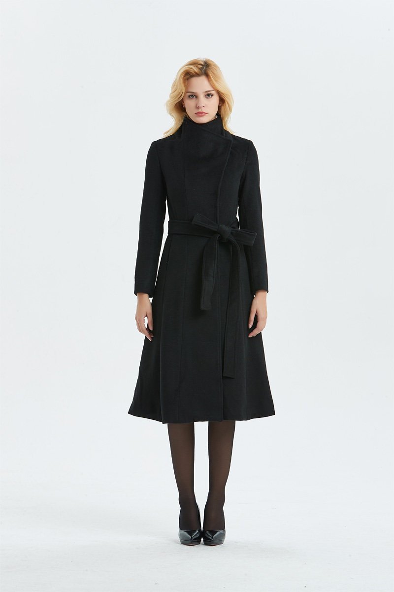 Women Black long Wool Coat C1344#