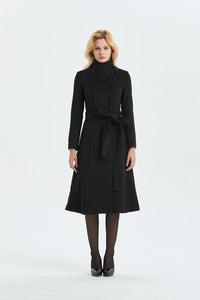 Women Black long Wool Coat C1344#