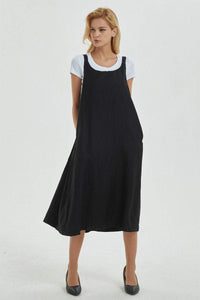 black pinafore dress, linen dress, loose and casual dress for womens- plus size &  sleeveless dress with pockets, cuatom fashion dress C1287