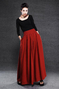 Cream Maxi Skirt - Linen Long Pleated Simple Casual Woman's Skirt with Elasticated Waist Plus Sizes （C325）