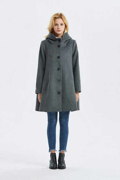 Loose fitting hooded wool coat C1317