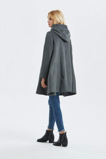 Loose fitting hooded wool coat C1317