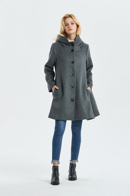 Loose fitting hooded wool coat C1317