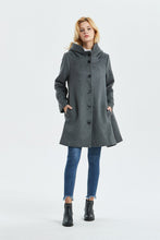 Load image into Gallery viewer, Gray wool coat, Hooded coat, Midi coat, warm coat, winter coat, womens coat, Loose coat, classic coat, button coat, custom coat C1317
