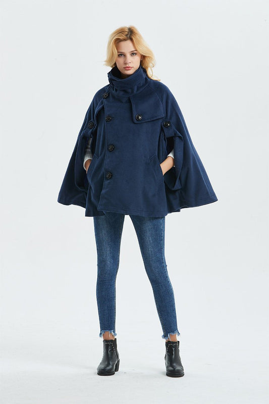 Blue winter wool cape coat women C1319