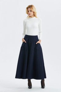 Elegant Navy A-Line wool maxi Skirt C1295