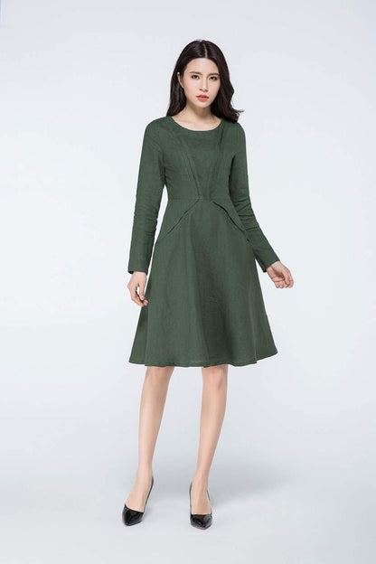 Green linen dress, linen dress, womens dresses, midi dress, linen dress women, dress with pockets, long sleeve dress, midi linen dress C1069