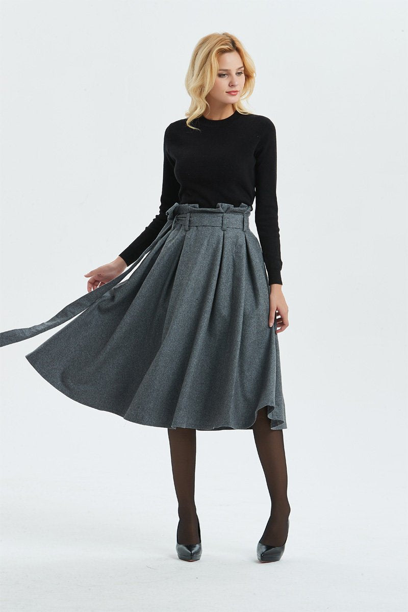 Gray midi length pleated wool skirt with pockets C1289 XS#yy04262