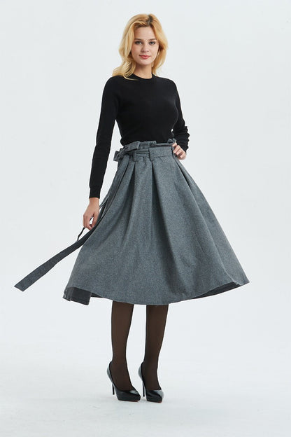 Gray midi length pleated wool skirt with pockets C1289 XS#yy04262