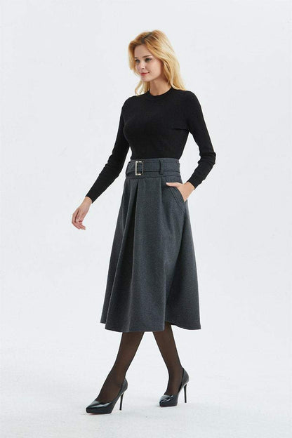 Gray skirt, Winter warm wool skirt - womens skirts with belt, midi skirt & pleated skirt, Gray wool skirt - skirt with pockets C1291