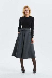 Gray skirt, Winter warm wool skirt - womens skirts with belt, midi skirt & pleated skirt, Gray wool skirt - skirt with pockets C1291