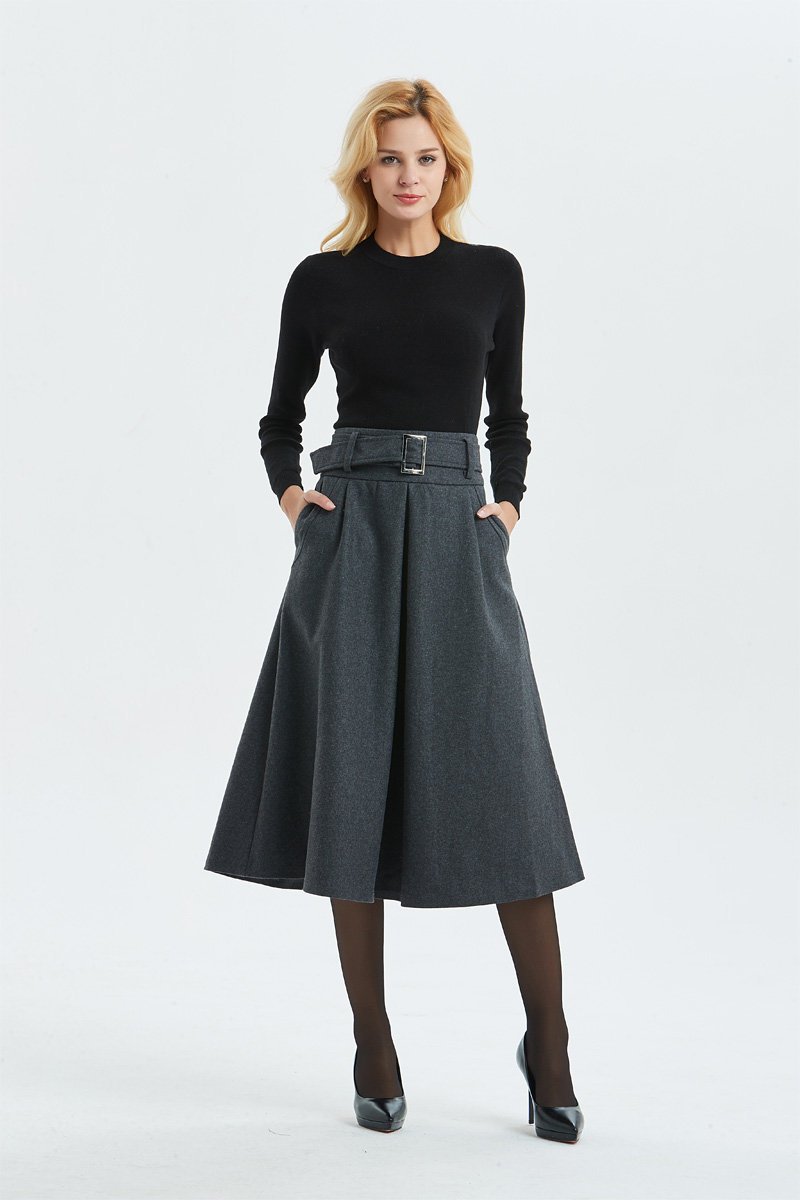 Gray skirt, Winter warm wool skirt - womens skirts with belt, midi skirt & pleated skirt, Gray wool skirt - skirt with pockets C1291