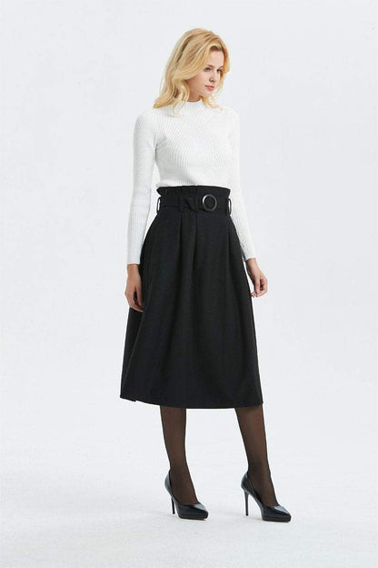 black wool skirt, high waist & midi skirt, pretty womens skirt - winter skirt with pockets, pleated skirt with belt - A line skirt  C1297