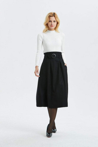 black wool skirt, high waist & midi skirt, pretty womens skirt - winter skirt with pockets, pleated skirt with belt - A line skirt  C1297