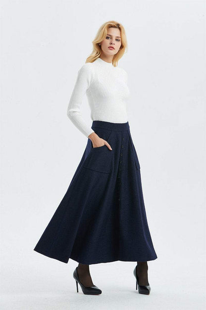 Elegant Navy A-Line wool maxi Skirt C1295
