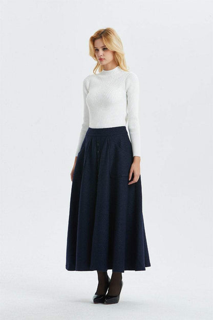 Elegant Navy A-Line wool maxi Skirt C1295