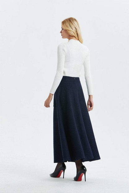 Elegant Navy A-Line wool maxi Skirt C1295