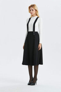 Suspender skirt, black wool skirt-skirt with adjustable straps, midi length skirt-buttons skirt, womens skirts-high waist skirt C1304