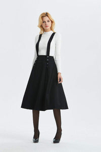 Suspender skirt, black wool skirt-skirt with adjustable straps, midi length skirt-buttons skirt, womens skirts-high waist skirt C1304