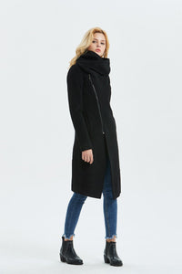 Black Asymmetrical Warm Wool Coat C1327#