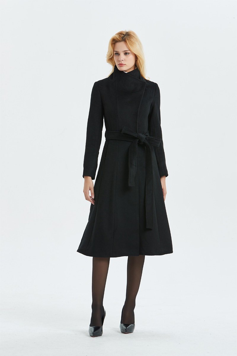 Women Black long Wool Coat C1344#