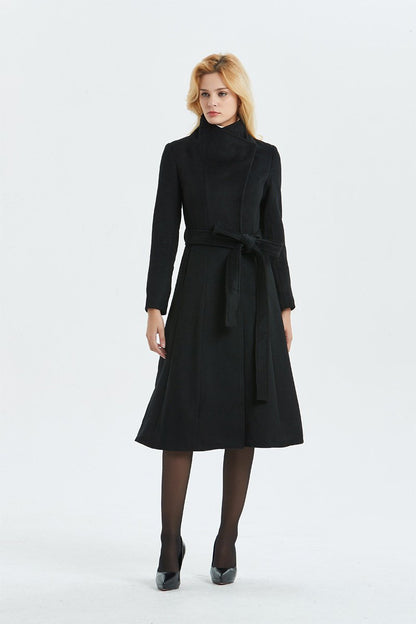 Women Black long Wool Coat C1344#
