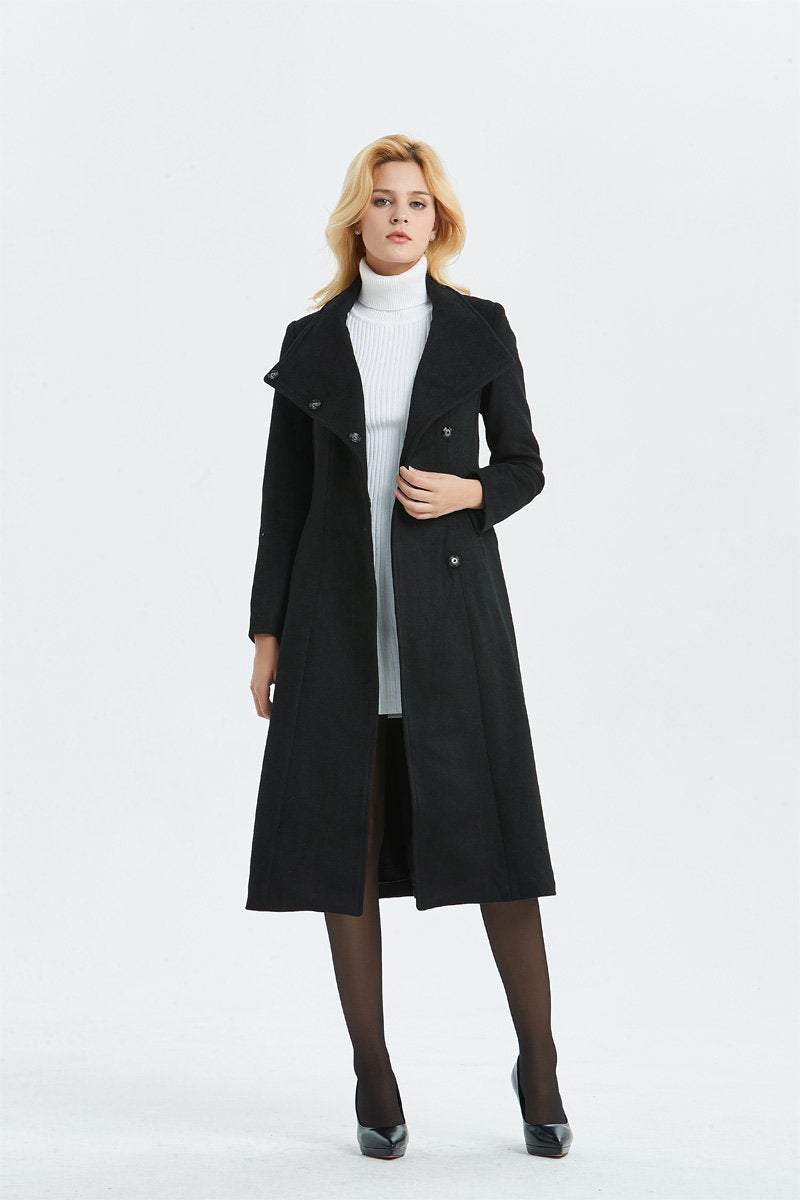 Women Black long Wool Coat C1344#