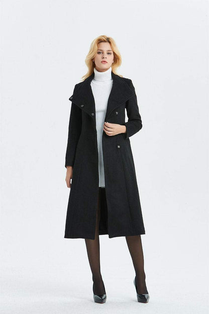 Women Black long Wool Coat C1344#