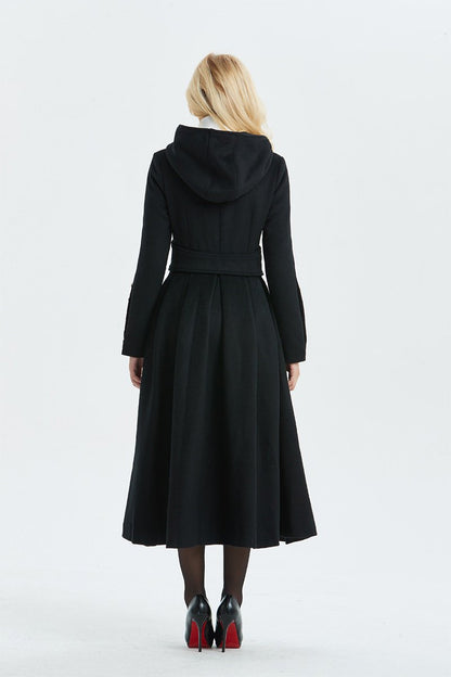 Military coat, black wool coat, long coat, hooded coat, womens coat, long black coat, warm coat, winter outerwear, handmade coat  C1343