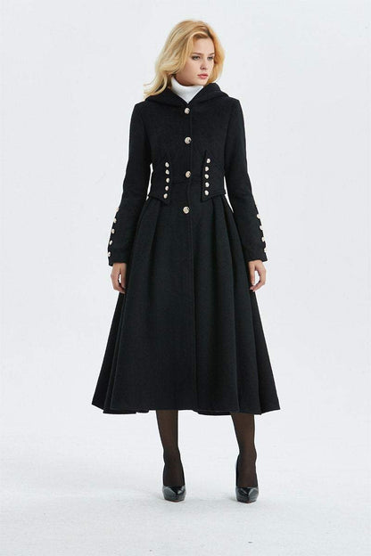 Military coat, black wool coat, long coat, hooded coat, womens coat, long black coat, warm coat, winter outerwear, handmade coat  C1343