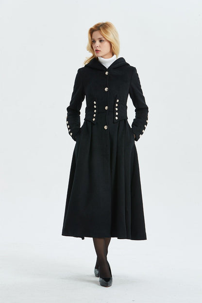 Military coat, black wool coat, long coat, hooded coat, womens coat, long black coat, warm coat, winter outerwear, handmade coat  C1343
