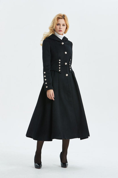 Military coat, black wool coat, long coat, hooded coat, womens coat, long black coat, warm coat, winter outerwear, handmade coat  C1343