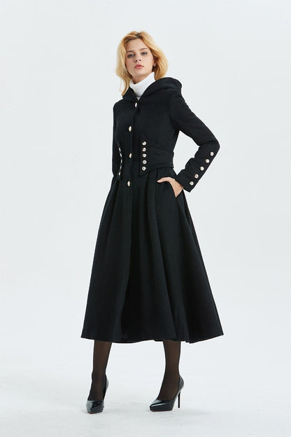 Military coat, black wool coat, long coat, hooded coat, womens coat, long black coat, warm coat, winter outerwear, handmade coat  C1343