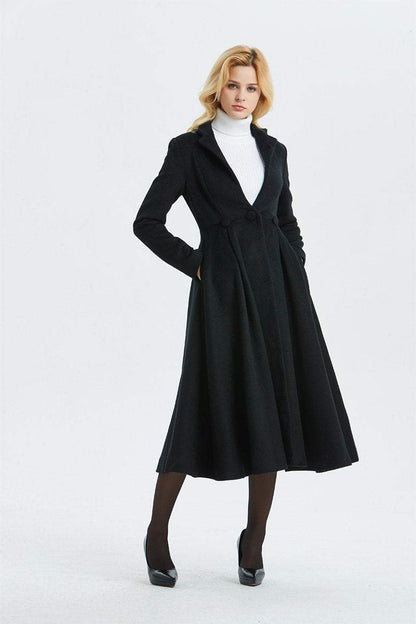 Long wool coat, black wool coat, fit and flare coat, cute coat, winter coat, womens coat, elegant coat, warm coat, custom coat C1338