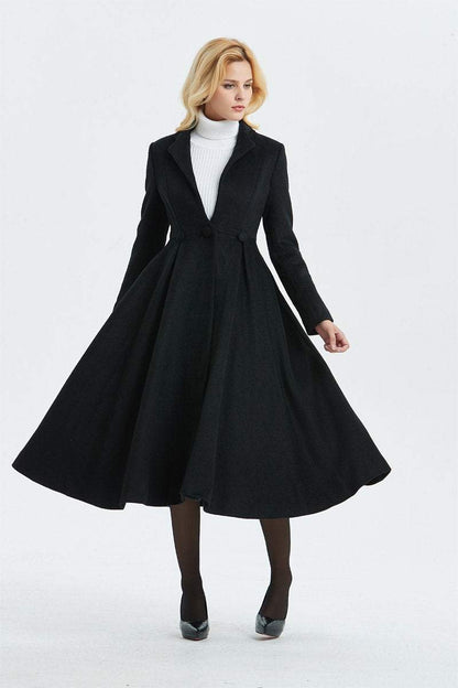 Long wool coat, black wool coat, fit and flare coat, cute coat, winter coat, womens coat, elegant coat, warm coat, custom coat C1338